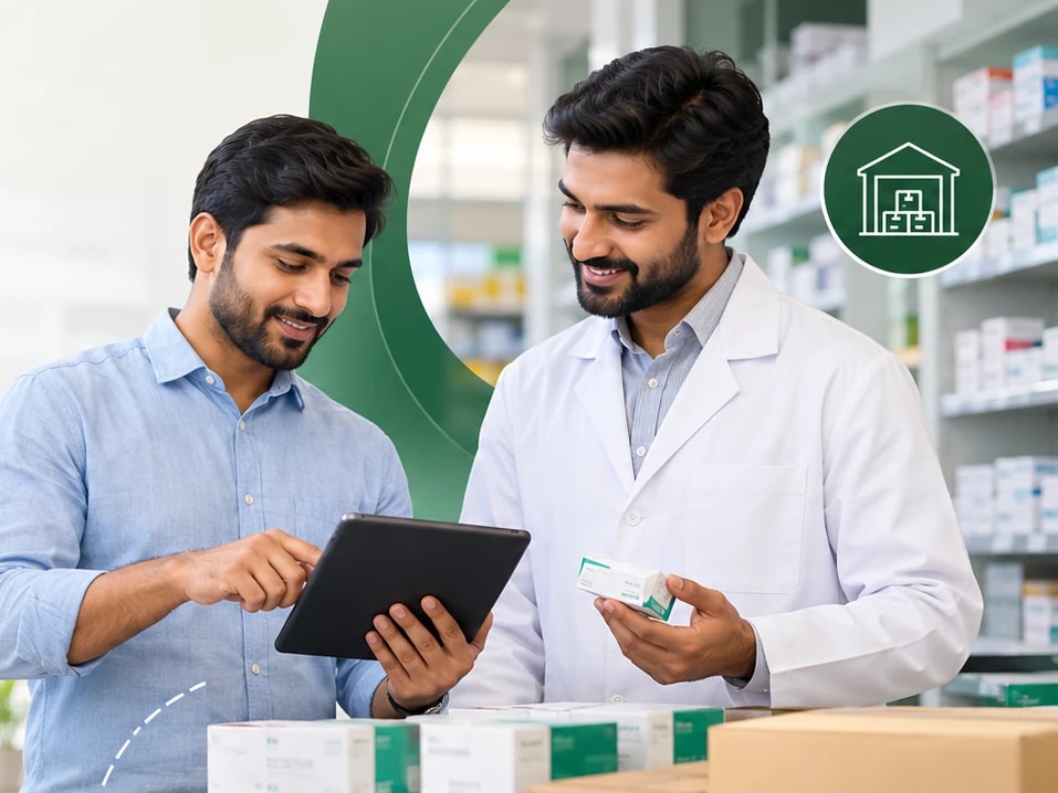 Distributor and pharmacist reviewing a product order on a tablet