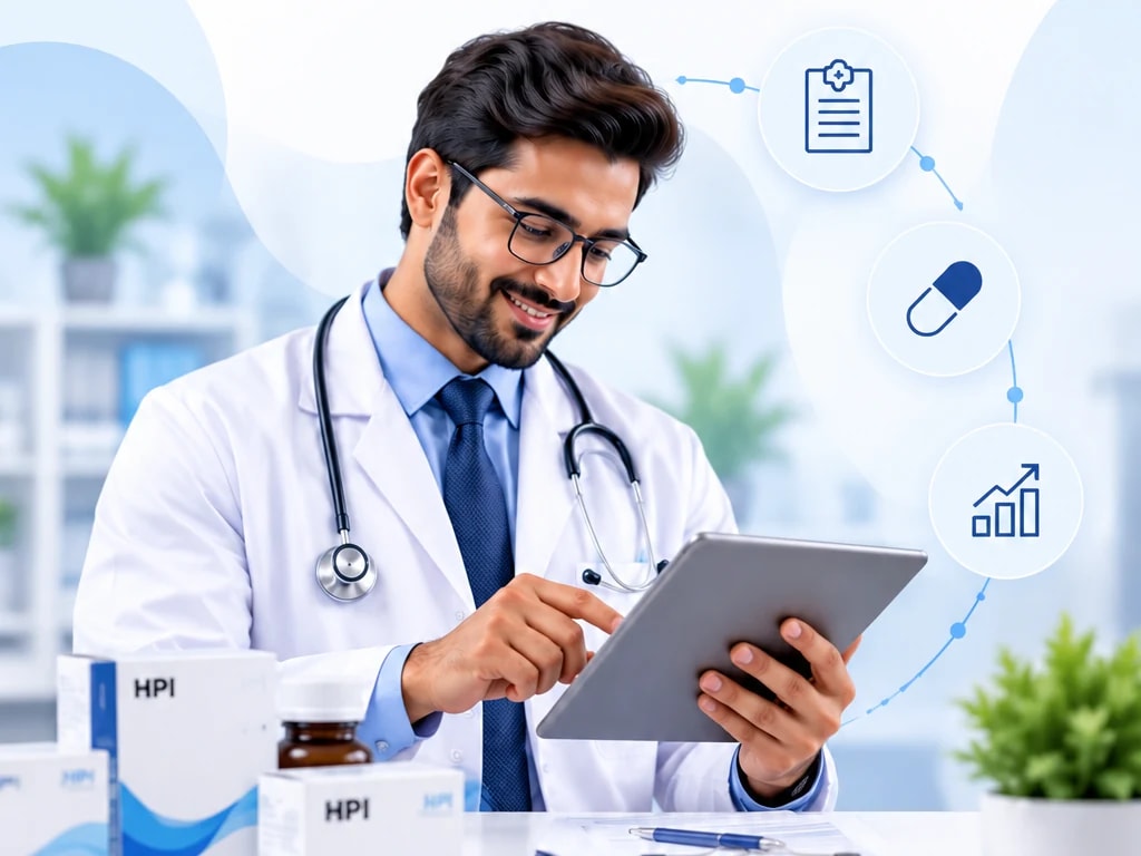 Doctor reviewing product information on a tablet