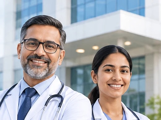 Two doctors standing outside a hospital building