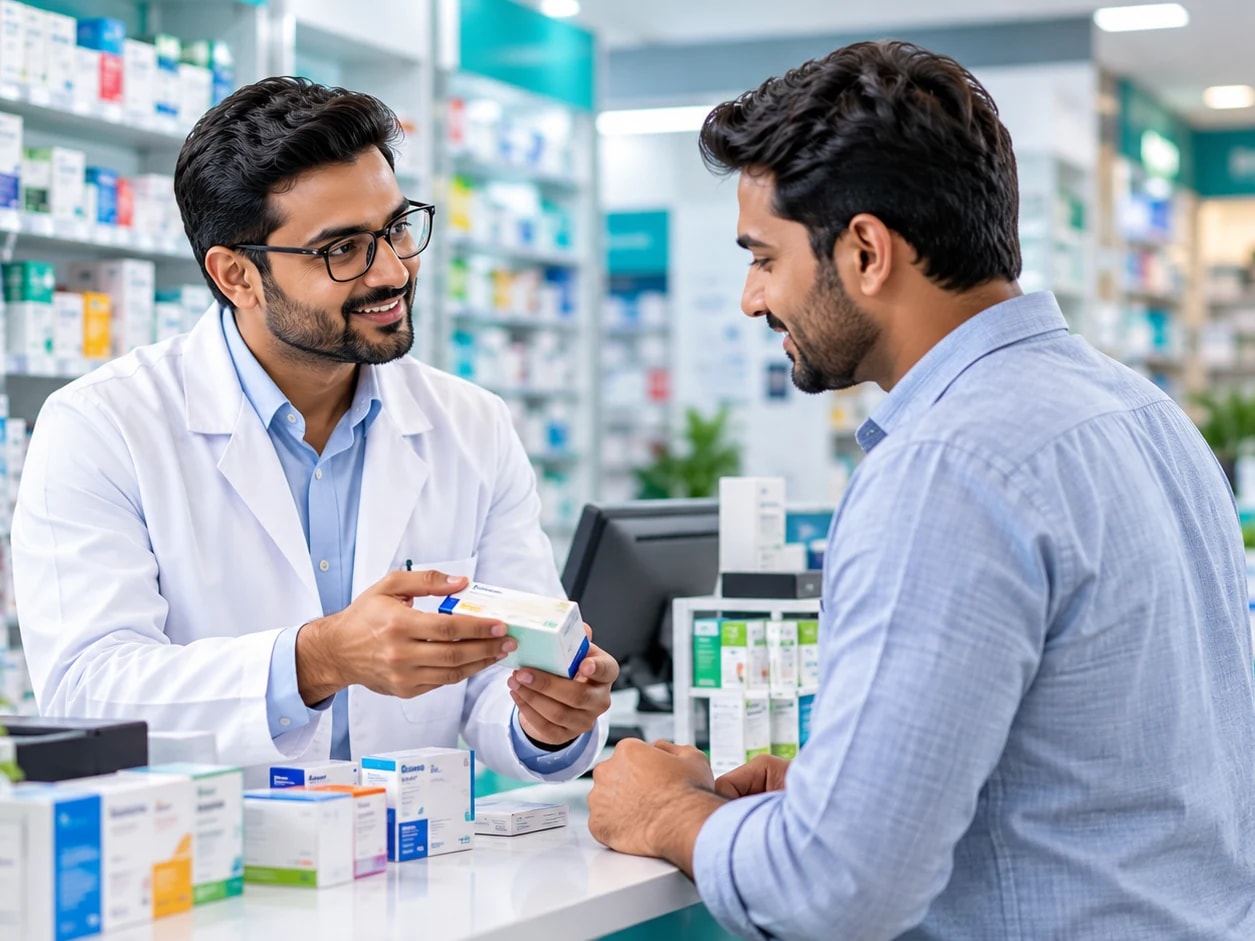 Pharmacist handing a medicine pack to a customer at a pharmacy counter