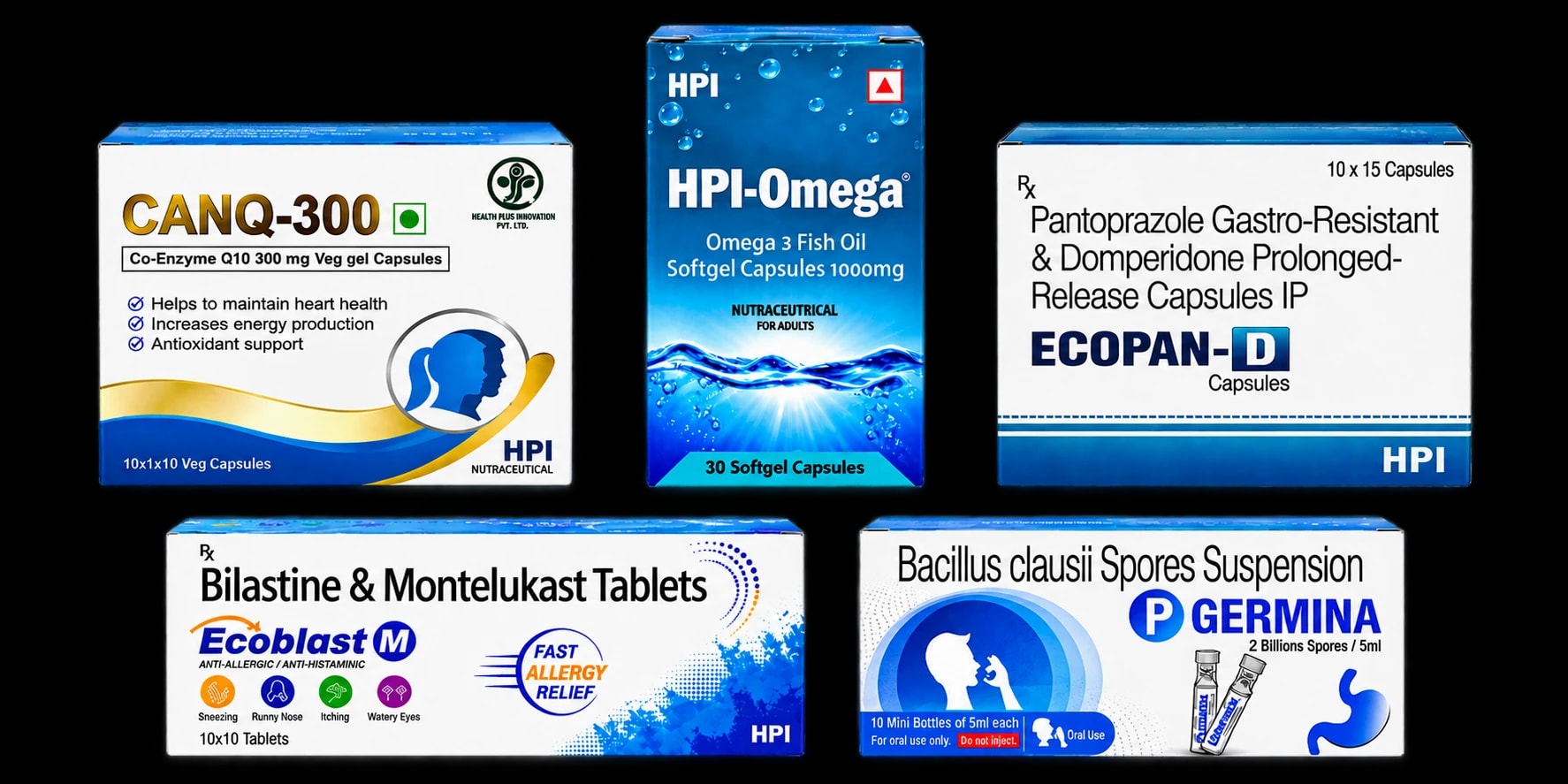 HPI product packs: CANQ-300, HPI-Omega, Ecopan-D, Ecoblast M and P Germina