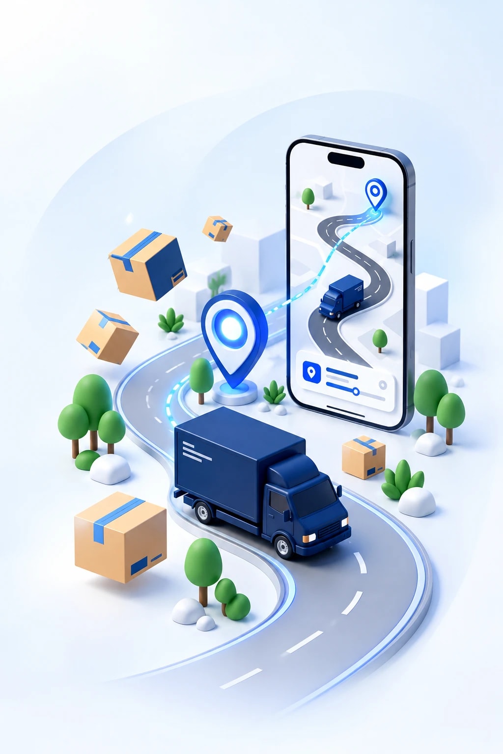 Delivery truck on its route, with a phone showing live order tracking